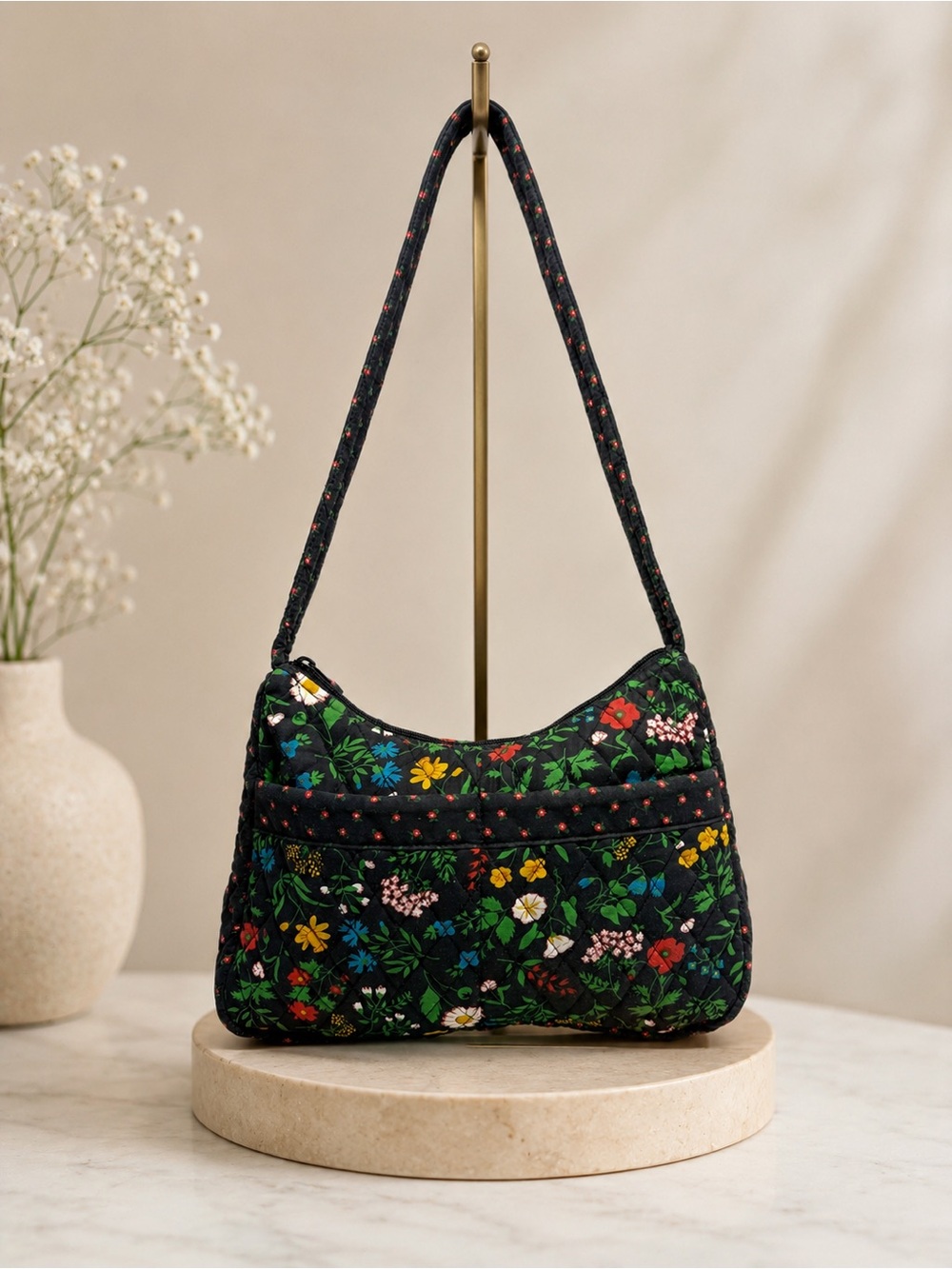 Quilted Black Faded Glory Floral Shoulder Bag